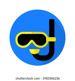 Flat icon vector with shadow effect in bright blue and yellow colors of snorkeling mask for water sports and vacation theme. Isolated on white background. Social media icon