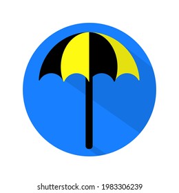 Flat icon vector with shadow effect in bright blue and yellow colors of sun umbrella for travel and beach vacation theme. Isolated on white background. Social media icon