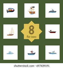 Flat Icon Vessel Set Of Cargo, Boat, Yacht And Other Vector Objects. Also Includes Tanker, Pirate, Ship Elements.