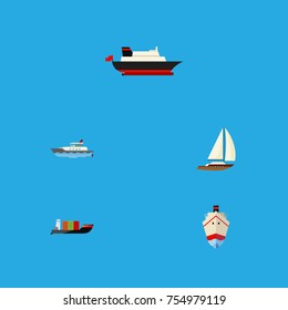 Flat Icon Vessel Set Of Cargo, Tanker, Delivery And Other Vector Objects. Also Includes Yacht, Shipping, Vessel Elements.
