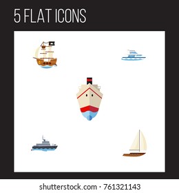 Flat Icon Vessel Set Of Ship, Yacht, Vessel And Other Vector Objects. Also Includes Boat, Pirate, Ship Elements.