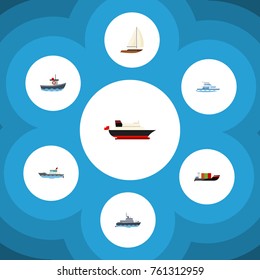 Flat Icon Vessel Set Of Tanker, Transport, Yacht And Other Vector Objects. Also Includes Yacht, Transport, Cargo Elements.