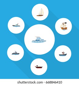 Flat Icon Vessel Set Of Transport, Cargo, Vessel And Other Vector Objects. Also Includes Yacht, Cargo, Boat Elements.