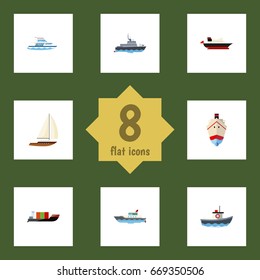 Flat Icon Vessel Set Of Transport, Sailboat, Tanker And Other Vector Objects. Also Includes Ship, Yacht, Vessel Elements.