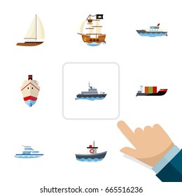 Flat Icon Vessel Set Of Yacht, Sailboat, Transport And Other Vector Objects. Also Includes Pirate, Tanker, Ship Elements.