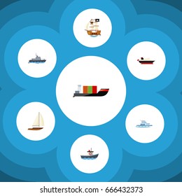 Flat Icon Vessel Set Of Vessel, Yacht, Ship And Other Vector Objects. Also Includes Tanker, Yacht, Ship Elements.