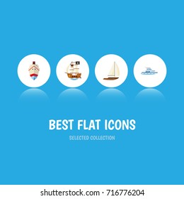 Flat Icon Vessel Set Of Yacht, Vessel, Boat And Other Vector Objects. Also Includes Boat, Pirate, Ship Elements.