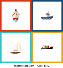 Flat Icon Vessel Set Of Yacht, Transport, Tanker And Other Vector Objects. Also Includes Vessel, Tanker, Transport Elements.