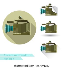 flat icon video camera object on white with oval  long shadow and folded corner
