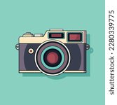 Flat icon vintage camera with shadow on blue background. Vector illustration