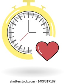 flat icon of vintage clock with a red heart symbol in the corner isolated