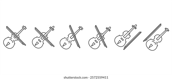 Flat icon of violin with bow. Violin icon set. String musical instrument line art vector icon. Violin vector icon in transparent background. Eps10