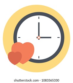 
Flat icon of a wall clock with hearts around it 
