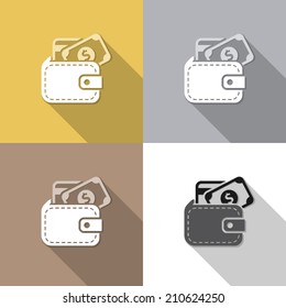 flat icon wallet backgrounds, isolated, shaded, four colors, for business, shopping & finance
