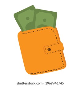 Flat Icon of wallet with green paper money. Shopping and online payment concept. Vector cartoony isolated illustration.