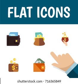 Flat Icon Wallet Set Of Currency, Wallet, Billfold And Other Vector Objects. Also Includes Saving, Purse, Wallet Elements.