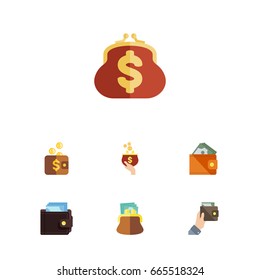 Flat Icon Wallet Set Of Wallet, Pouch, Purse And Other Vector Objects. Also Includes Billfold, Purse, Payment Elements.