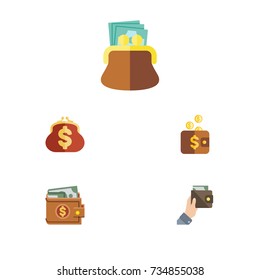 Flat Icon Wallet Set Of Pouch, Money, Purse And Other Vector Objects. Also Includes Billfold, Saving, Currency Elements.
