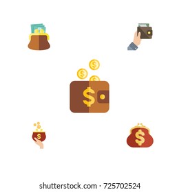 Flat Icon Wallet Set Of Saving, Purse, Pouch And Other Vector Objects. Also Includes Pouch, Money, Purse Elements.