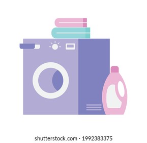 Flat icon with washing machine bottle of detergent and linen vector illustration