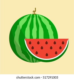 Flat icon watermelon and slice of watermelon. Vector illustration.