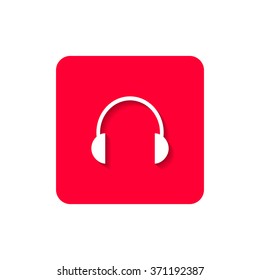 A flat icon for web with the image of headphones on a red background.
