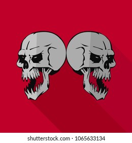 Flat icon for website, two aggressive gray skulls, on red background, vector