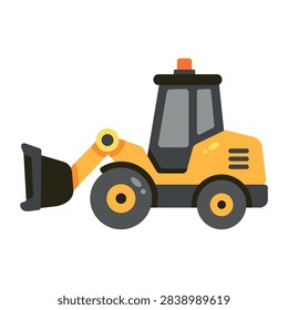 A flat icon of a wheel loader, shown in orange, gray, black, and white with clean geometric forms, simplified details, and a plain white background.