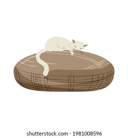 Flat icon with white cat sleeping on soft cushion vector illustration