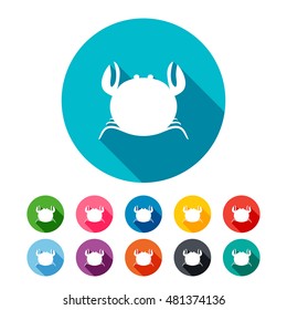 Flat icon of white crab isolated on the colorful circles. Vector illustration. 