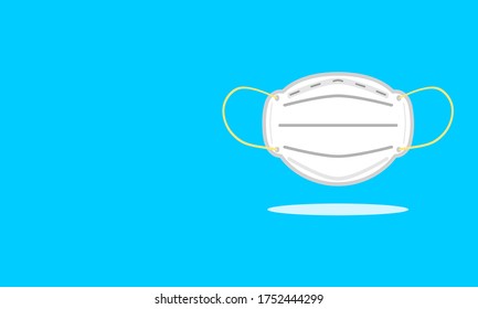 Flat icon white medical face mask or N95 used to prevent spread disease outbreaks covid-19 from coughing or sneezing with dust in the air and germs on blue background vector.