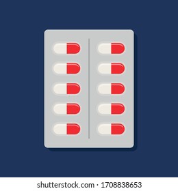 Píldoras planas de color rojo-blanco aisladas en fondo azul. Ilustración vectorial.