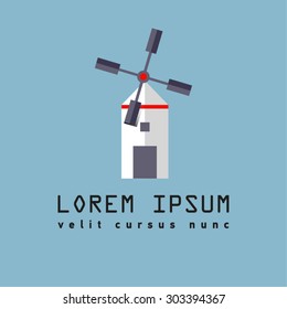Flat icon windmill. Laybel for market, farm, energy, bakery, ecology. Eco life
