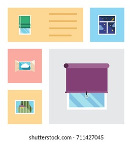 Flat Icon Window Set Of Balcony, Glazing, Frame And Other Vector Objects. Also Includes Glass, Balcony, Night Elements.