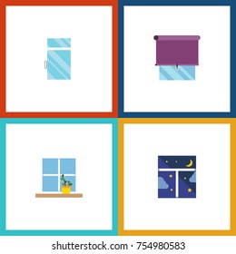 Flat Icon Window Set Of Clean, Flowerpot, Frame And Other Vector Objects. Also Includes Balcony, Curtain, Flower Elements.