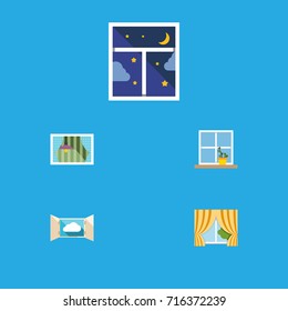 Flat Icon Window Set Of Glass Frame, Cloud, Curtain And Other Vector Objects. Also Includes Curtain, Glass, Frame Elements.
