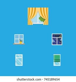 Flat Icon Window Set Of Glass Frame, Frame, Flowerpot And Other Vector Objects. Also Includes Night, Pot, Glass Elements.