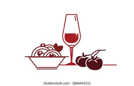 Flat icon of wine glass and plate of pasta. Italian food set. Sign, element design for restaurant and cafe. Monochrome color. Vector illustration on white background for web, card, poster
