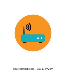 Ícone plano de um roteador Wi-Fi sem fio com antena e ondas de sinal, exibido em um plano de fundo circular laranja. Design minimalista moderno perfeito para uso digital, tecnológico ou relacionado à rede.
