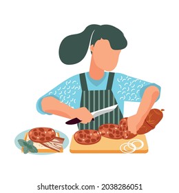 Flat icon with woman cutting sausages for sandwich vector illustration