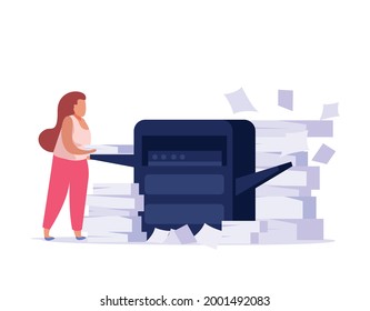 Flat icon with woman having lots of paper work vector illustration
