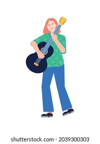 Flat icon with woman musician playing guitar vector illustration