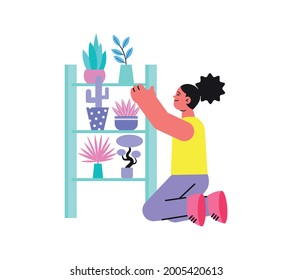 Flat icon with woman near shelves with potted plants in flower shop vector illustration