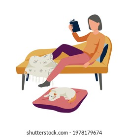 Flat icon with woman reading on sofa and her small dog sleeping beside vector illustration