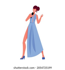 Flat icon of woman singer with microphone wearing long dress vector illustration