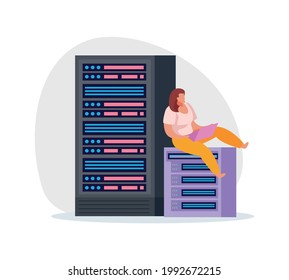 Flat icon with woman system administrator working on laptop in data center vector illustration