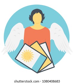 
Flat icon of a woman with wings reading tarot cards 
