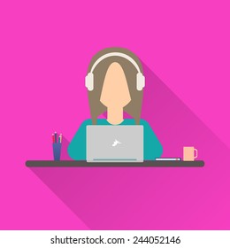 Flat icon woman. Woman working at a laptop with headphones sitting at her desk