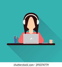Flat icon of a woman. Woman working at a laptop with headphones sitting at her desk. Stock vector. 
