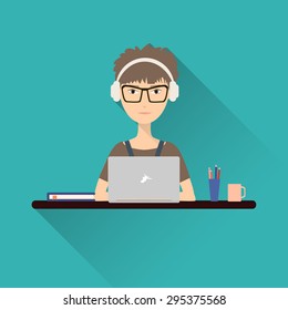 Flat icon of a woman. Woman working at a laptop with headphones sitting at her desk. Stock vector. 
